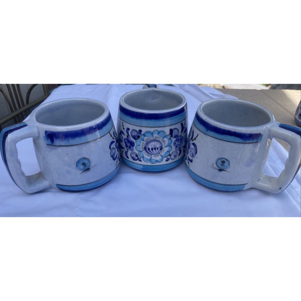 3 Vintage Tonala Mexico Large 14 Ounce Mug Blue  Floral Design Unique Style